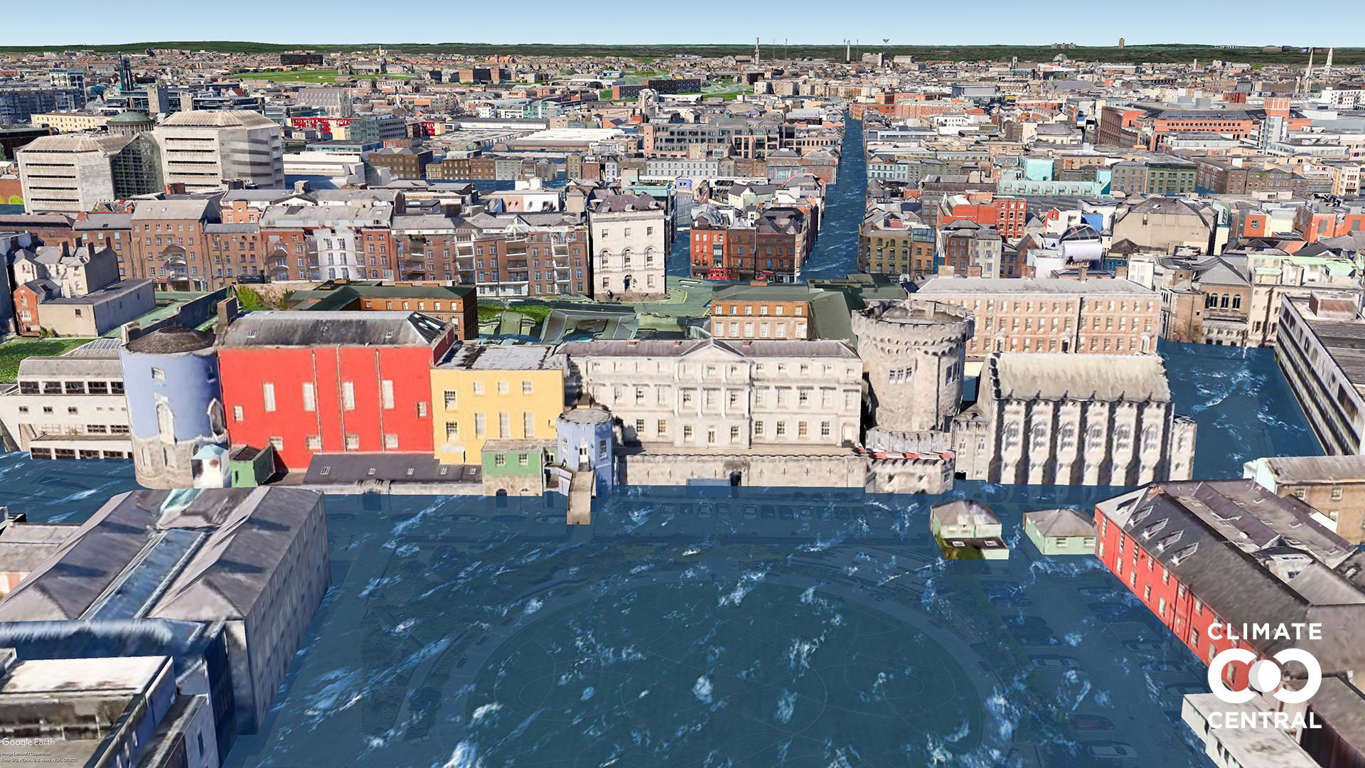 Slide 17 de 46: O Castelo de Dublin, antiga sede do poder britânico e grande símbolo da história irlandesa, seria amplamente afetado pela subida das águas. Foto: Clima Central