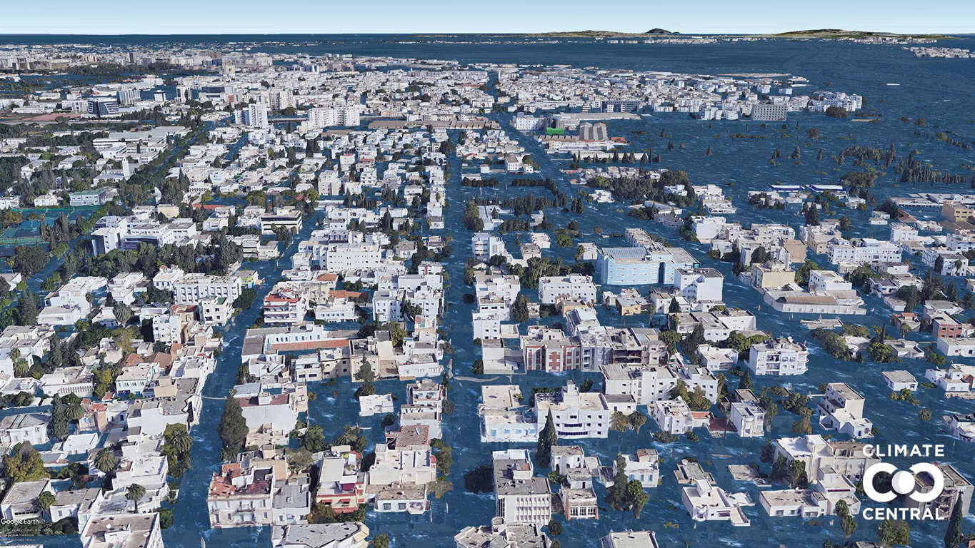 Slide 28 de 46: As ruas da capital tunisina e a Cité Jardin, uma praça famosa da cidade, também ficariam inundadas. Foto: Clima Central