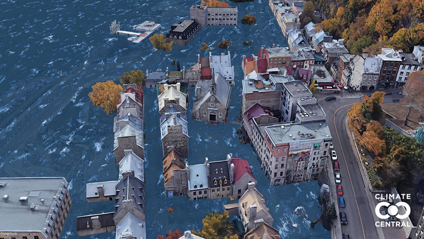 Slide 19 de 46: Place Royale é o coração histórico da cidade de Quebec, onde está localizada a igreja Notre-Dame-des-Victoires. Podemos ver que todo o bairro seria afetado. Foto: Clima Central