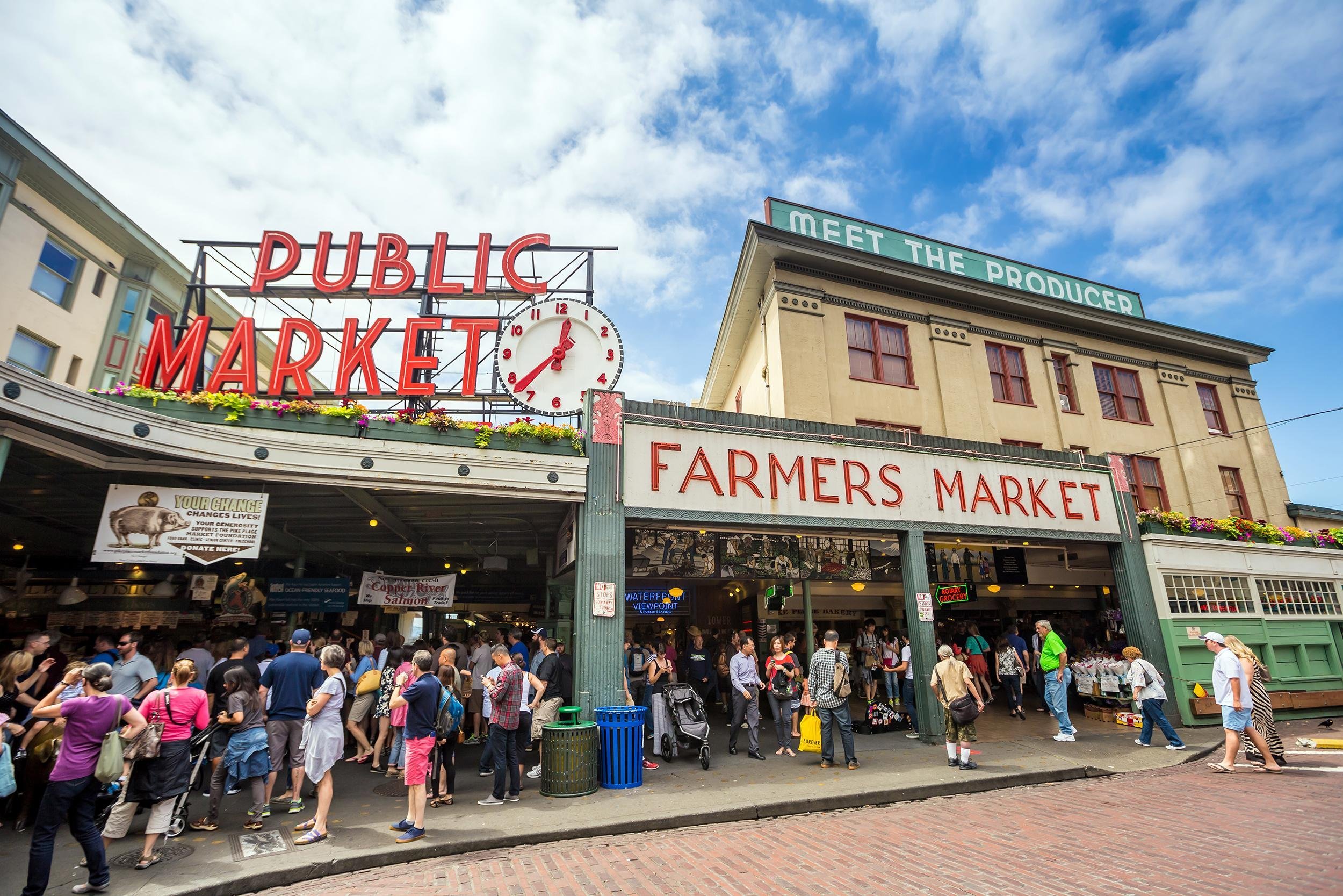 <p><a href="https://pikeplacemarket.org/">Pike Place Market </a>in Seattle is free to enter, but you likely won't leave without buying a nosh. This is one of the oldest farmers' markets in the country and spans 9 acres. Watch fish fly at the Pike Place Fish Market, sip a cup of coffee at the original Starbucks or maybe a pint at Pike Brewing Co., or have a sweet bite at the Daily Dozen Doughnut Co.</p>