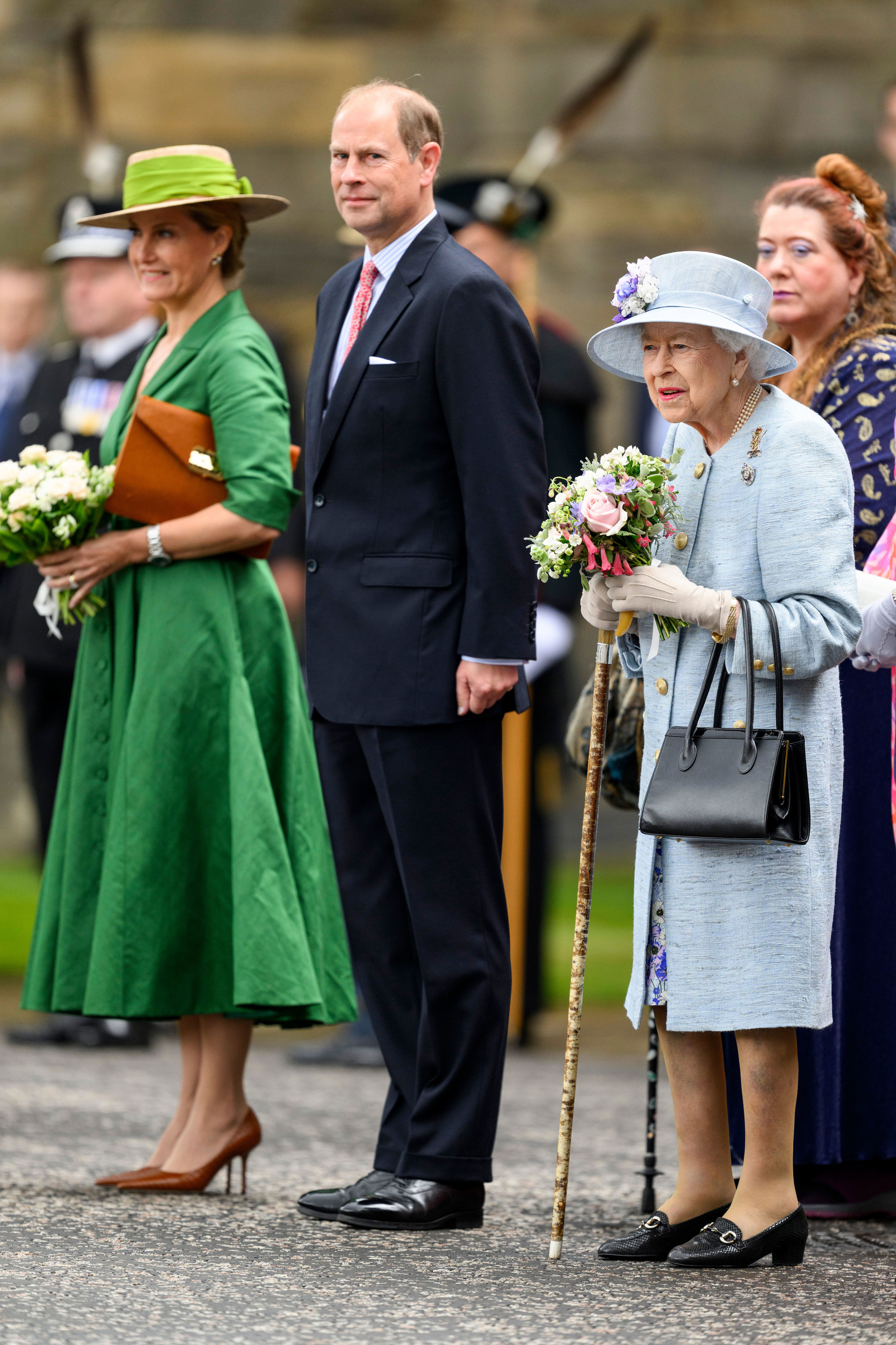 <p>Queen Elizabeth II was joined by son Prince Edward and his wife, Sophie, Countess of Wessex, at the Ceremony of the Keys at the Palace of Holyroodhouse during Holyrood Week in Edinburgh, Scotland, on June 27, 2022.</p>