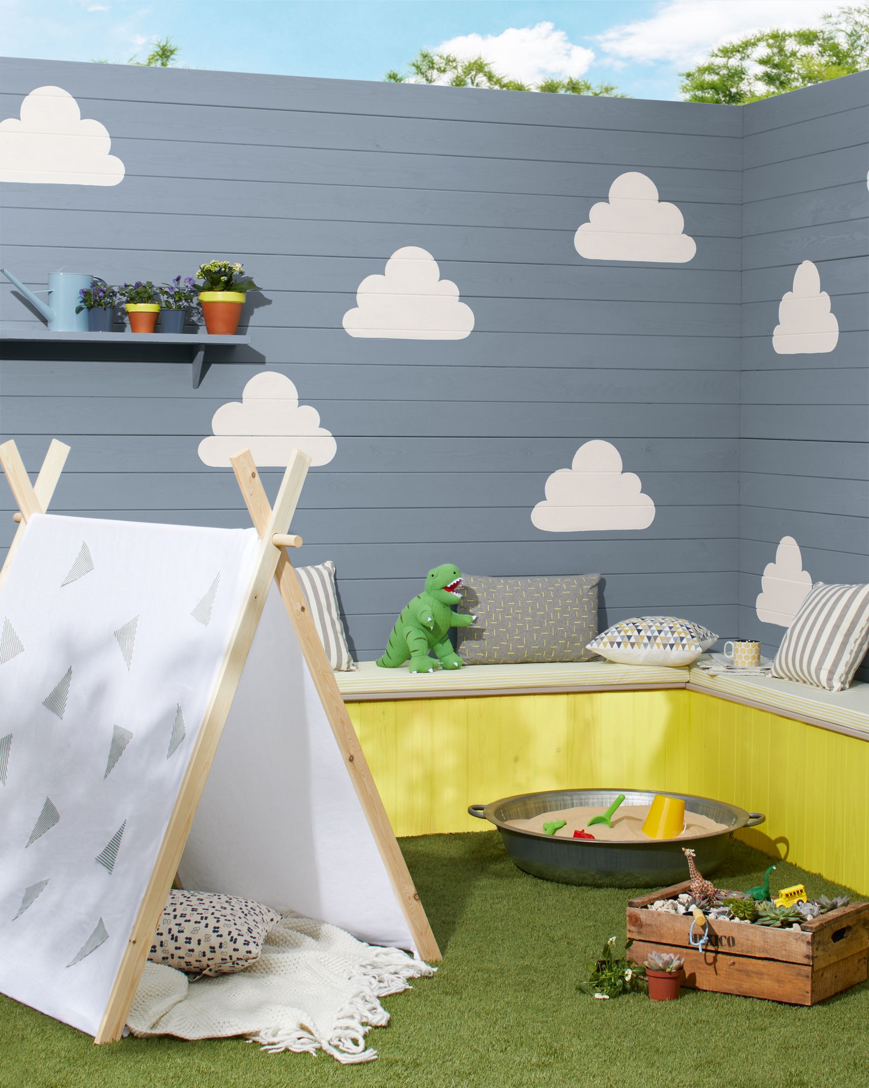 <p>                     Let the blue sky shine through whatever the weather with this clever garden activities for kids idea. This is a great project to do together, on a sunny weekend.                   </p>                                      <p>                     Paint your fence in one color then cut a piece of cardboard into a cloud shape to use as a template. Simply draw around it on the fence, wherever you would like the clouds to be, and paint the cloud shape with a paler color. Bingo – a great new space for the kids to play in.                   </p>                                      <p>                     If you'd like some more ideas on how to design a child friendly garden, take a look at our feature.                   </p>