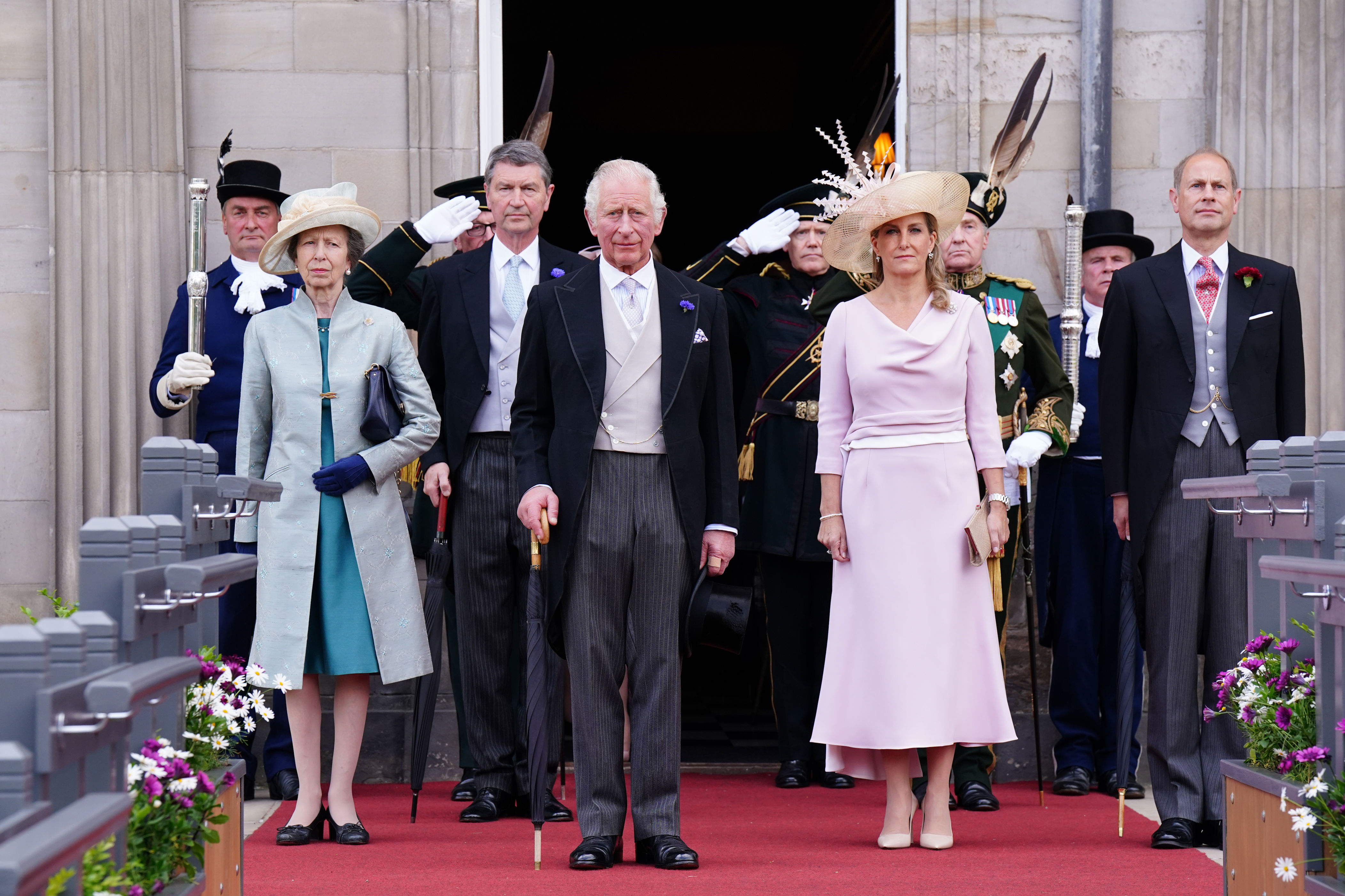 <p>The royal gang's all here! Princess Anne and her husband, Vice Admiral Sir Timothy Laurence; Prince Charles; and Sophie, Countess of Wessex and her husband, Prince Edward, all attended a garden party at the Palace of Holyroodhouse in Edinburgh, Scotland, on June 29, 2022, during the queen's traditional trip to Scotland for Holyrood Week.</p>