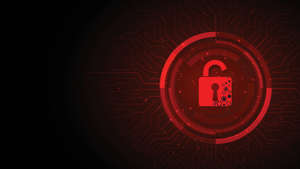 Red padlock open on electric circuits network dark red background