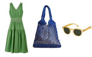 Linen smocked maxi dress, £165, Jigsaw; Cotton macramé shoulder bag, £25, Marks & Spencer; Yellow frame sunglasses, £40, Izipizi