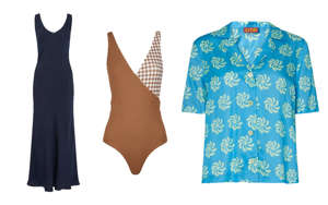 Slip dress, £120, Ghost; Swimming costume, £140, Cossie & Co; Printed shirt, £95, Kitri