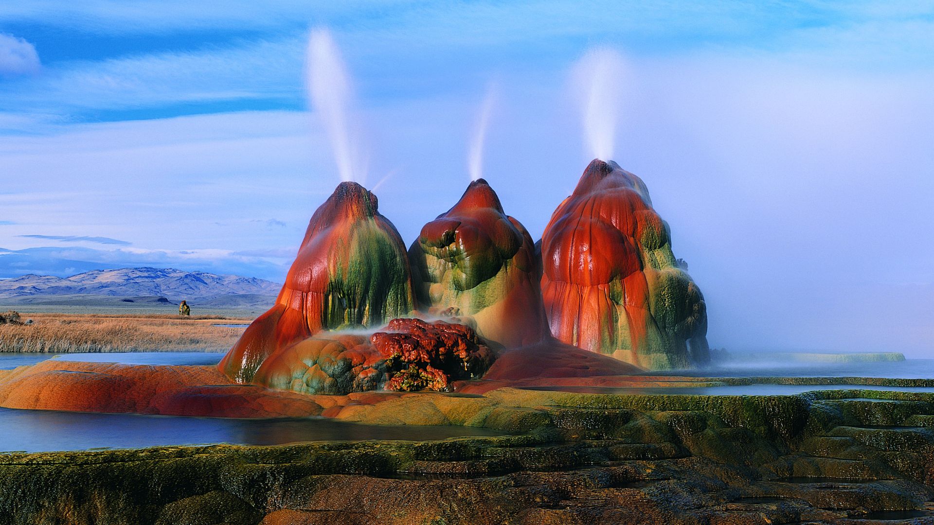 <p>                     What do you get if you cross human error and geothermal pressure? A 12-ft-tall (3.5 meters) alien-looking structure.                    </p>                                      <p>                     Fly Geyser is a technicolor geyser situated on Fly Ranch in the middle of the Nevada desert. The structure spews out hot water, creating shallow pools home to hardy thermophilic algae that flourish in moist, hot environments, according to the tourism website Reno Tahoe.                    </p>                                      <p>                     The geyser was created by accident in 1964 when a geothermal energy company drilled the site in a bid to tap into the hot water below. But the water wasn't hot enough to be useful to the energy company, so the site was sealed up. According to Reno Tahoe, the well was improperly plugged and the scalding hot water pierced through the surface, creating the bizarre three-mound geyser we see today.                   </p>