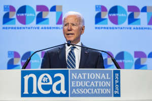 President Joe Biden speaks during the National Education Association's annual meeting and representative assembly event in Washington, D.C., July 2, 2021. Samuel Corum/Bloomberg via Getty Images