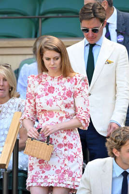 Princess Beatrice opted for a knee-length pink and white dress today