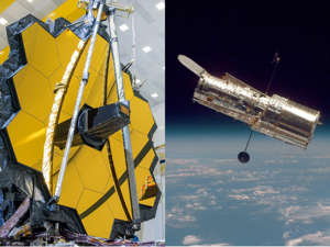 The James Webb Space Telescope (left) is 100 times more powerful than Hubble (right). NASA/Chris Gunn; NASA