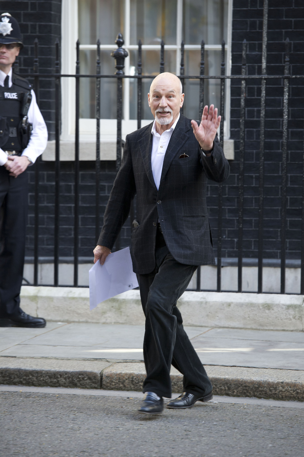 <p>Patrick Stewart visits 10 Downing Street to present a letter on the behalf of the Creative Trade Union on Apr. 8, 2011. He was advocating for arts funding.</p>