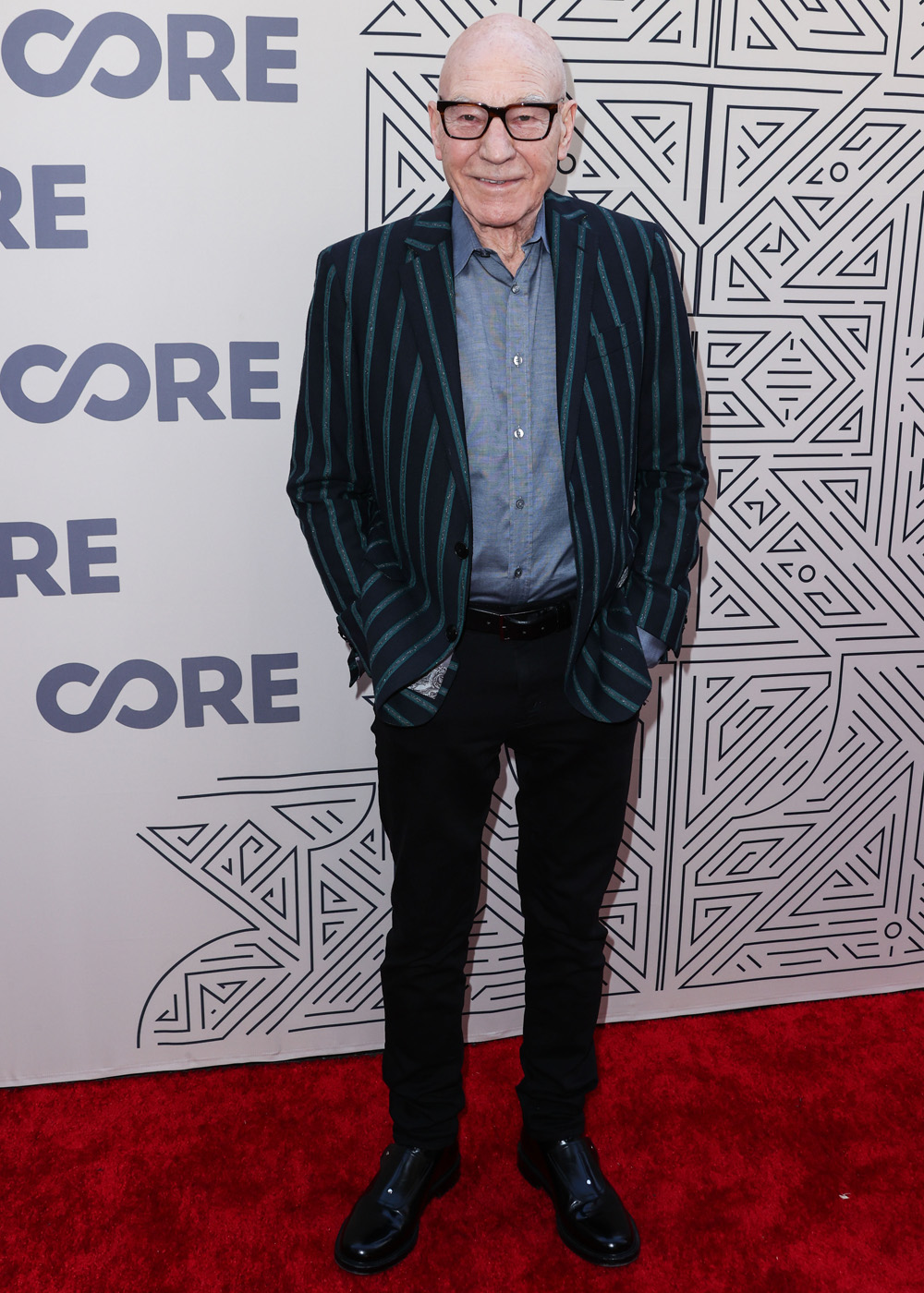 <p>Patrick Stewart arrives at the 2022 CORE Gala hosted by Sean Penn and Ann Lee on Jun. 10, 2022. He wore a stylish striped jacket and black pants for the event.</p>