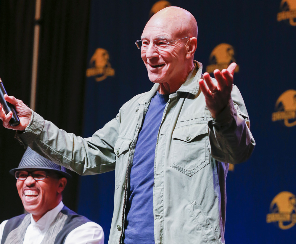 <p>Fan favorite! Patrick Stewart sends love to the audience at the Dragon Con Science Fiction and Fantasy Convention in Atlanta, Georgia on Aug. 29, 2014.</p>