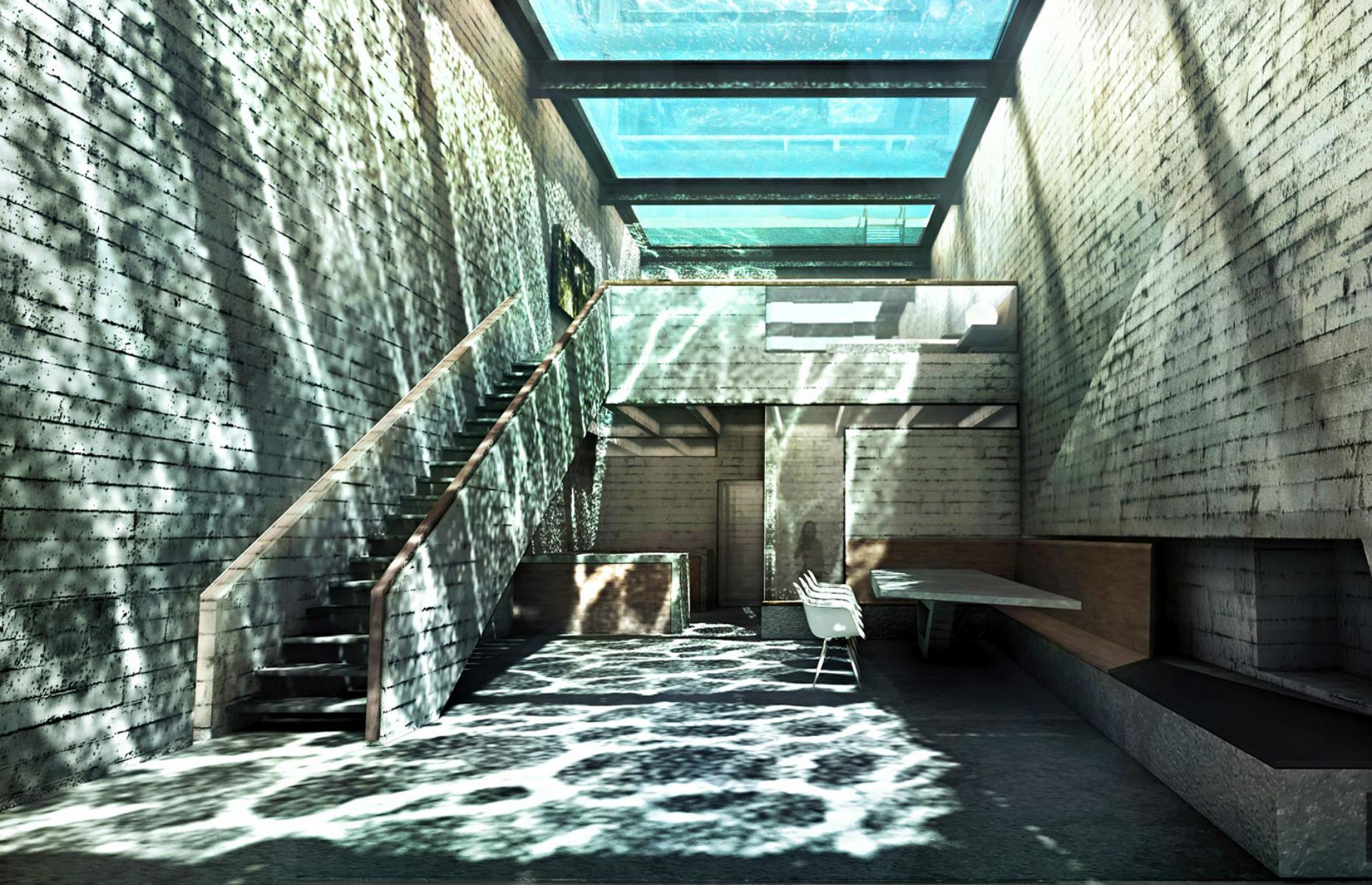 Slide 17 of 54: The most impressive feature is probably its rooftop, glass-bottomed pool, which dapples beams of light through the rest of the home.