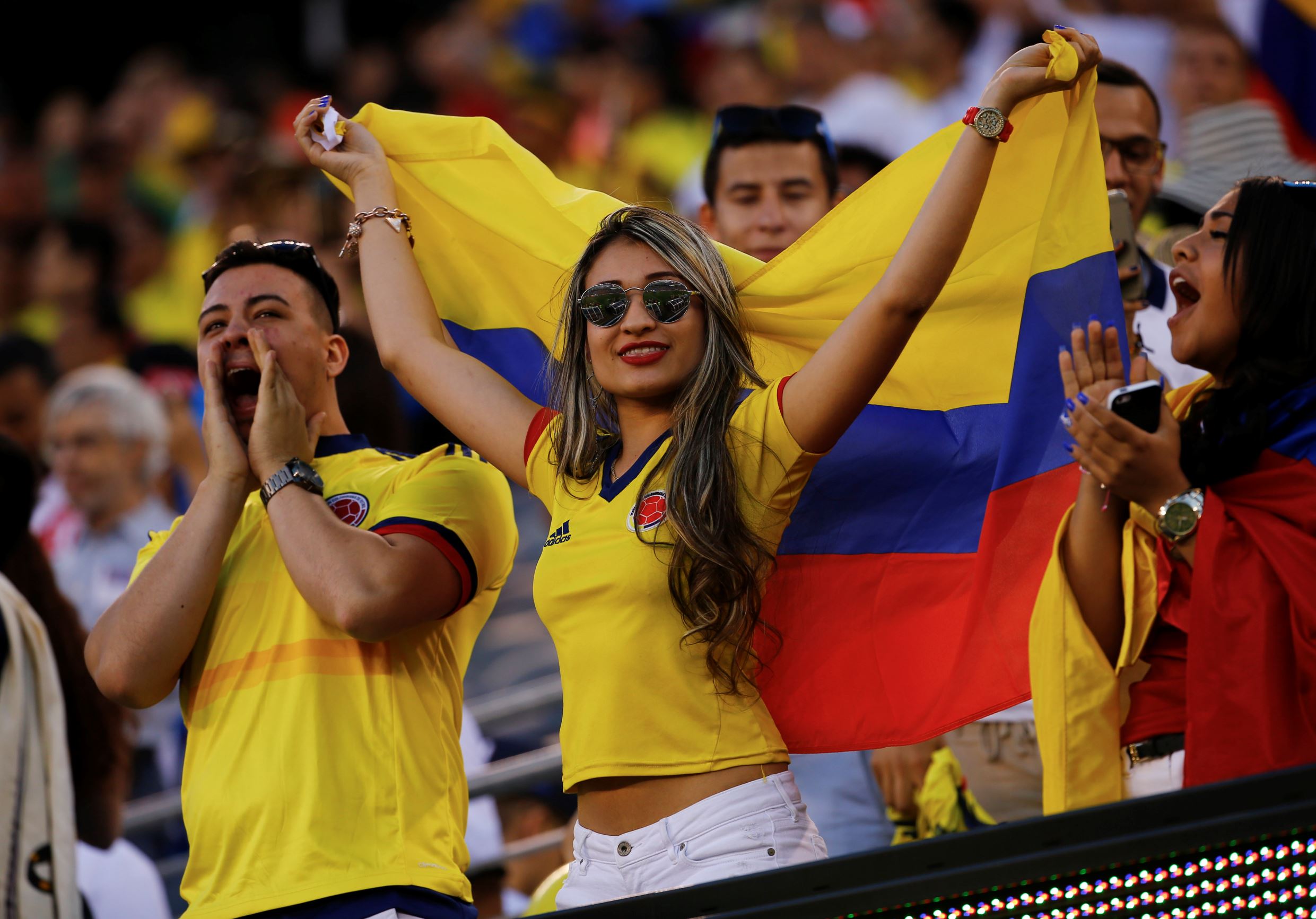 Spectators cheer before the start of a Copa America Centenario quarterfinal soccer match between Colombia and Peru, Friday, June 17, 2016, in East Rutherford, N.J. (AP Photo/Julio Cortez)