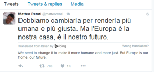 Tweet from Matteo Renzi, Italian PM