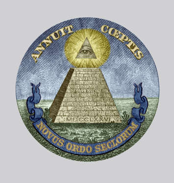 Slide 10 of 25: UNSPECIFIED - JANUARY 04: Symbol of the The Bavarian Illuminati secret society (1776-1785) members were from Freemasonry, accused of conspiracy, detail of a one dollar bill colorized document (Photo by Apic/Getty Images)
