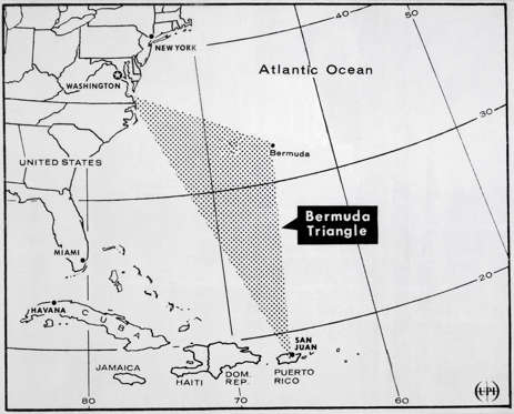 Slide 22 of 25: (Original Caption) Map of the Atlantic Ocean, showing the southeast United States, Cuba, Haiti, Jamaica, the Dominican Republic and Puerto Rico, with the Bermuda Triangle highlighted.