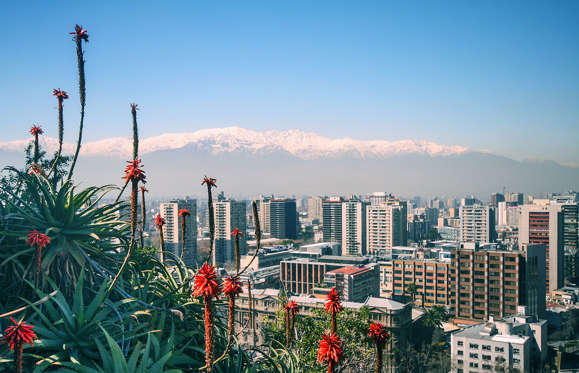 View of the Andes, plants and city from Santa Lucia Hill, Santiago, Chile.