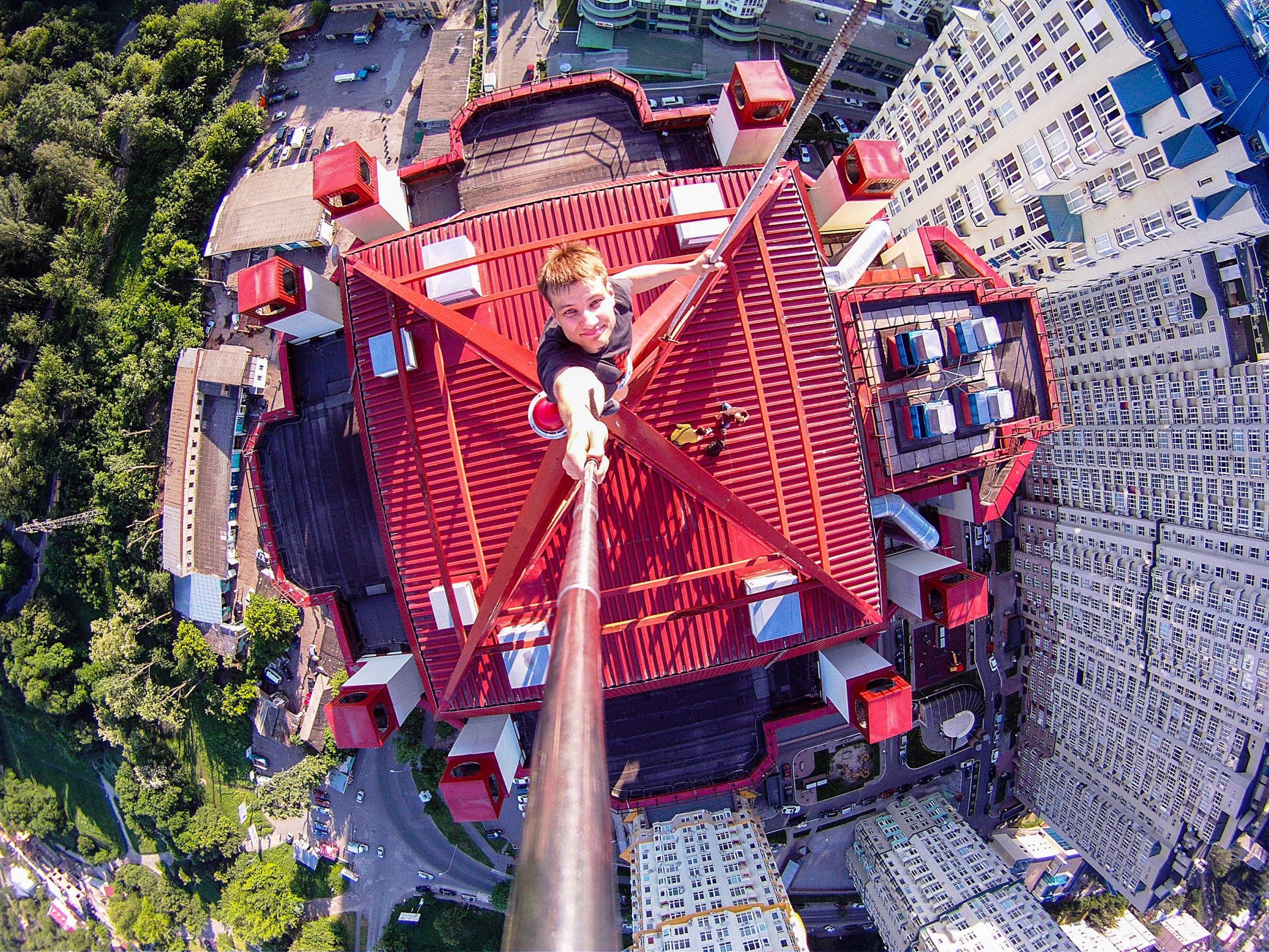 Extreme urban climbers take 'selfies' on top of tall buildings, Kiev, Ukraine - Apr 2015 Yaroslav Segeda takes a selfie on top of a building Solent News/REX Shutterstock/Rex Images