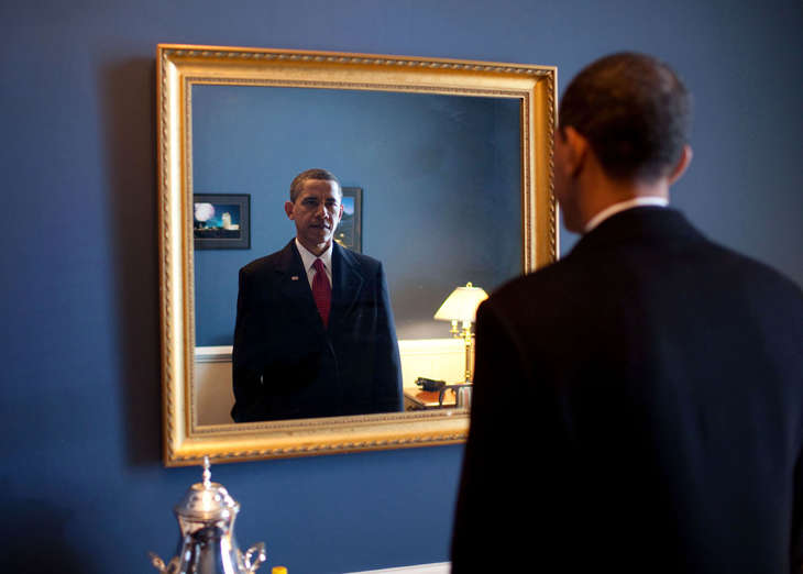 Slide 3 de 95: Jan. 20, 2009: “President-elect Barack Obama was about to walk out to take the oath of office. Backstage at the U.S. Capitol, he took one last look at his appearance in the mirror.”
