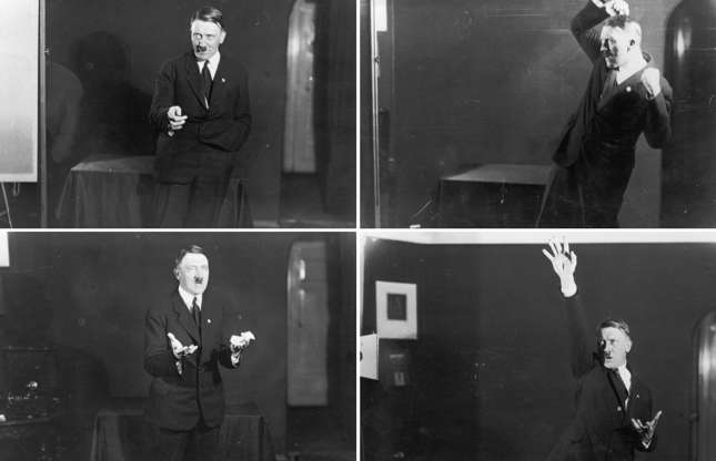Diapositiva 13 de 17: Hitler posing to a recording of one of his speeches after his release from Landsberg Prison. (Photo by Heinrich Hoffmann/Getty Images)