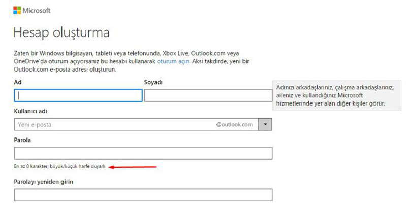 Slayt 3/10: İlk olarak Hesap oluşturma bölümü gelir. Burada kullanıcı adını ve soyadını yazar. Parola konusunda Microsoft hassastır. Şifre büyük harf, küçük harf ve rakam istemektedir. Kullanıcı adı olarak kendi adını, soyadını veya da farklı bir isim kullanabilir. Eğer istenen isim kullanılıyorsa uyarı işareti verilecektir.