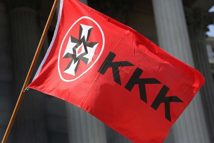 A Ku Klux Klan flies during a Klan demonstration at the state house building on July 18, 2015 in Columbia, SC.