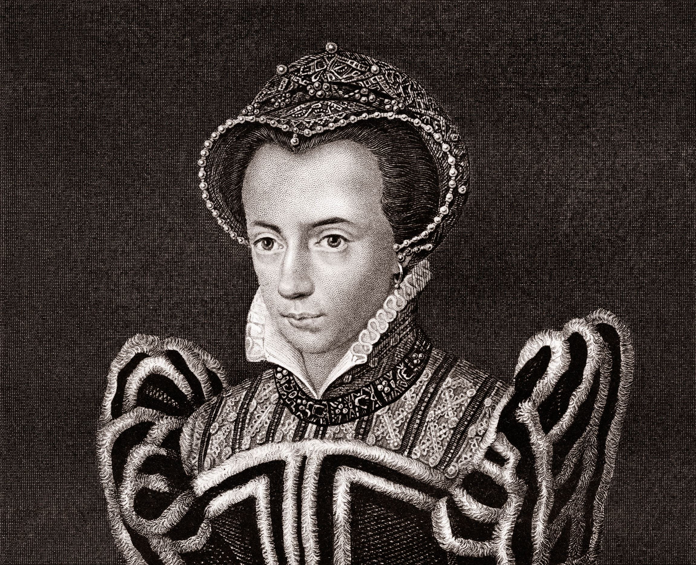 Slide 1 of 12: Portrait of Queen Mary I (1516 - 1568).