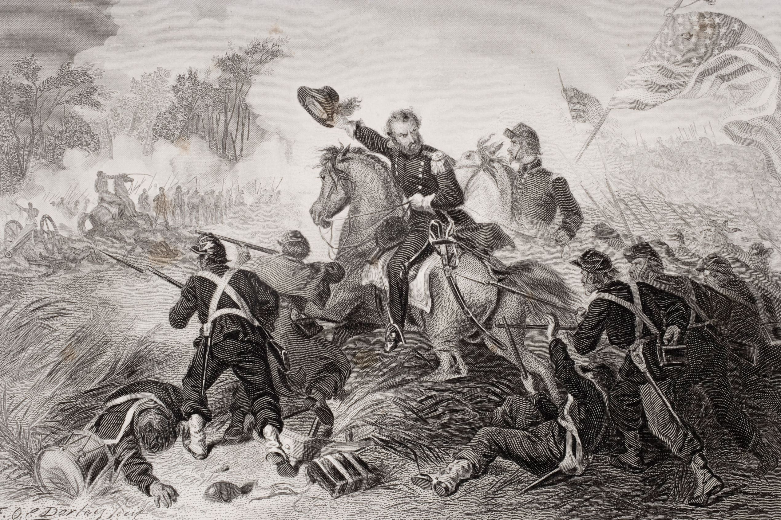 Slide 3 of 9: UNSPECIFIED - CIRCA 1800: General Lyons charge at the Battle of Wilsons Creek Missouri 1861 in which he was killed. Lyons was first Union general to be killed in the Civil War. (Photo by Universal History Archive/Getty Images)