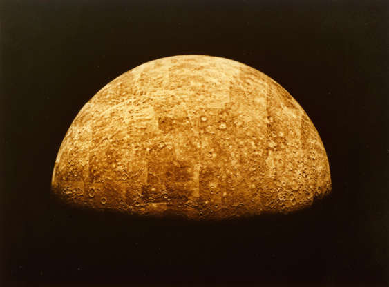 Mercury - MPI/Getty Images Slide 66 of 86: 29th March 1974: The planet Mercury, the nearest planet to the Sun, as seen from the exploratory spacecraft Mariner 10. A photomosaic tinted to approximate the appearance of Mercury. (Photo by MPI/Getty Images)