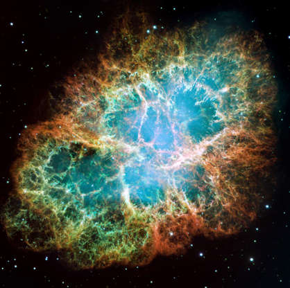 Crab Nebula - NASA via Getty Images Slide 46 of 86: IN SPACE - DECEMBER 1: In this handout from NASA, the mosaic image, one of the largest ever taken by NASA's Hubble Space Telescope of the Crab Nebula, shows six-light-year-wide expanding remnant of a star's supernova explosion as released December 2, 2005. Japanese and Chinese astronomers witnessed this violent event nearly 1,000 years ago in 1054, together with, possibly, Native Americans. The orange filaments are the remains of the star and consist mostly of hydrogen. The rapidly spinning neutron star embedded in the center of the nebula is the dynamo powering the nebula's eerie interior bluish glow. The blue light comes from electrons whirling at nearly the speed of light around magnetic field lines from the neutron star. The neutron star, the crushed ultra-dense core of the exploded star, ejects twin beams of radiation that appear to pulse 30 times a second due to the neutron star's rotation. (Photo by NASA via Getty Images)