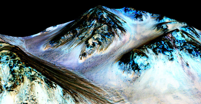 Slide 1 of 77: HALE CRATER, MARS - UNSPECIFIED DATE: In this handout provided by NASA's Mars Reconnaissance Orbiter, dark, narrow streaks on the slopes of Hale Crater are inferred to be formed by seasonal flow of water on surface of present-day Mars. These dark features on the slopes are called 'recurring slope lineae' or RSL. Scientists reported on September 28, 2015 using observations with the Compact Reconnaissance Imaging Spectrometer on the same orbiter detected hydrated salts on these slopes at Hale Crater, corroborating the hypothesis that the streaks are formed by briny liquid water. (Photo by NASA/JPL-Caltech/Univ. of Arizona via Getty Images)
