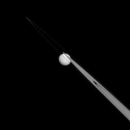 Tethys - JPL-Caltech/Space Science Institute/NASA Slide 33 of 86: Like a drop of dew hanging on a leaf, Tethys appears to be stuck to the A and F rings from this perspective. Tethys (660 miles, or 1,062 kilometers across), like the ring particles, is composed primarily of ice. The gap in the A ring through which Tethys is visible is the Keeler gap, which is kept clear by the small moon Daphnis (not visible here). This view looks toward the Saturn-facing hemisphere of Tethys. North on Tethys is up and rotated 43 degrees to the right. The image was taken in visible light with the Cassini spacecraft narrow-angle camera on July 14, 2014. The view was acquired at a distance of approximately 1.1 million miles (1.8 million kilometers) from Tethys and at a Sun-Tethys-spacecraft, or phase, angle of 22 degrees. Image scale is 7 miles (11 kilometers) per pixel. The Cassini-Huygens mission is a cooperative project of NASA, the European Space Agency and the Italian Space Agency. The Jet Propulsion Laboratory, a division of the California Institute of Technology in Pasadena, manages the mission for NASA's Science Mission Directorate, Washington, D.C. The Cassini orbiter and its two onboard cameras were designed, developed and assembled at JPL. The imaging operations center is based at the Space Science Institute in Boulder, Colo. For more information about the Cassini-Huygens mission visit http://www.nasa.gov/cassini and http://saturn.jpl.nasa.gov . The Cassini imaging team homepage is at http://ciclops.org . Credit: NASA/JPL-Caltech/Space Science Institute
