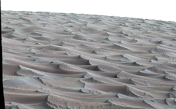 Slide 28 of 86: The rippled surface of the first Martian sand dune ever studied up close fills this view of "High Dune" from the Mast Camera (Mastcam) on NASA's Curiosity rover.  This site is part of the "Bagnold Dunes" field along the northwestern flank of Mount Sharp.  The dunes are active, migrating up to about one yard or meter per year.  The component images of this mosaic view were taken on Nov. 27, 2015, during the 1,176th Martian day, or sol, of Curiosity's work on Mars.  The scene is presented with a color adjustment that approximates white balancing, to resemble how the sand would appear under daytime lighting conditions on Earth. Figure A includes superimposed scale bars of 30 centimeters (1 foot) in the foreground and 100 centimeters (3.3 feet) in the middle distance.  Malin Space Science Systems, San Diego, built and operates the rover's Mastcam. NASA's Jet Propulsion Laboratory, a division of the California Institute of Technology, Pasadena, manages the Mars Science Laboratory Project for NASA's Science Mission Directorate, Washington. JPL designed and built the project's Curiosity rover.  For more information about Curiosity, visit http://www.nasa.gov/msl and http://mars.jpl.nasa.gov/msl.      Credit: NASA/JPL-Caltech/MSSS