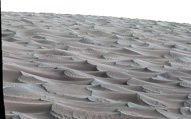 Bagnold Dunes - JPL-Caltech/MSSS/NASA Slide 28 of 86: The rippled surface of the first Martian sand dune ever studied up close fills this view of "High Dune" from the Mast Camera (Mastcam) on NASA's Curiosity rover. This site is part of the "Bagnold Dunes" field along the northwestern flank of Mount Sharp. The dunes are active, migrating up to about one yard or meter per year. The component images of this mosaic view were taken on Nov. 27, 2015, during the 1,176th Martian day, or sol, of Curiosity's work on Mars. The scene is presented with a color adjustment that approximates white balancing, to resemble how the sand would appear under daytime lighting conditions on Earth. Figure A includes superimposed scale bars of 30 centimeters (1 foot) in the foreground and 100 centimeters (3.3 feet) in the middle distance. Malin Space Science Systems, San Diego, built and operates the rover's Mastcam. NASA's Jet Propulsion Laboratory, a division of the California Institute of Technology, Pasadena, manages the Mars Science Laboratory Project for NASA's Science Mission Directorate, Washington. JPL designed and built the project's Curiosity rover. For more information about Curiosity, visit http://www.nasa.gov/msl and http://mars.jpl.nasa.gov/msl. Credit: NASA/JPL-Caltech/MSSS