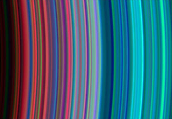 Slide 48 of 86: On July 1, 2004, NASA's Cassini spacecraft arrived at Saturn, marking the end of the spacecraft's nearly seven-year journey through the solar system as well as the beginning of its tour of Saturn, its rings, moons and magnetosphere.  This image, taken on June 30, 2004 during Cassini's orbital insertion at Saturn, shows, from left to right, the outer portion of the C ring and inner portion of the B ring. The B ring begins a little more than halfway across the image. The general pattern is from "dirty" particles indicated by red to cleaner ice particles shown in turquoise in the outer parts of the rings.  The ring system begins from the inside out with the D, C, B and A rings followed by the F, G and E rings.  This image was taken with the Ultraviolet Imaging Spectrograph instrument, which is capable of resolving the rings to show features up to 97 kilometers (60 miles) across, roughly 100 times the resolution of ultraviolet data obtained by the Voyager 2 spacecraft.  Image Credit: NASA/JPL/University of Colorado