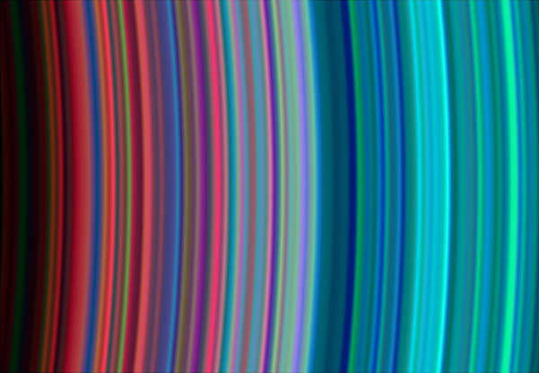 Saturn's rings - JPL/University of Colorado/NASA Slide 48 of 86: On July 1, 2004, NASA's Cassini spacecraft arrived at Saturn, marking the end of the spacecraft's nearly seven-year journey through the solar system as well as the beginning of its tour of Saturn, its rings, moons and magnetosphere. This image, taken on June 30, 2004 during Cassini's orbital insertion at Saturn, shows, from left to right, the outer portion of the C ring and inner portion of the B ring. The B ring begins a little more than halfway across the image. The general pattern is from "dirty" particles indicated by red to cleaner ice particles shown in turquoise in the outer parts of the rings. The ring system begins from the inside out with the D, C, B and A rings followed by the F, G and E rings. This image was taken with the Ultraviolet Imaging Spectrograph instrument, which is capable of resolving the rings to show features up to 97 kilometers (60 miles) across, roughly 100 times the resolution of ultraviolet data obtained by the Voyager 2 spacecraft. Image Credit: NASA/JPL/University of Colorado
