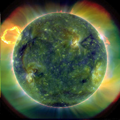 Slide 40 of 86: A full-disk multiwavelength extreme ultraviolet image of the sun taken by SDO on March 30, 2010. False colors trace different gas temperatures. Reds are relatively cool (about 60,000 Kelvin, or 107,540 F); blues and greens are hotter (greater than 1 million Kelvin, or 1,799,540 F). Credits: NASA/Goddard/SDO AIA Team