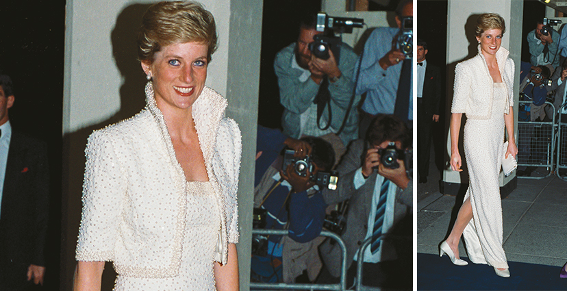 Un clásico de Diana: el vestido Elvis, como ella misma lo bautizó, de seda e incrustado con perlas y lentejuelas más bolero, de Catherine Walker. Lo usó en los British Fashion Awards y Hong Kong, en 1989. Fue subastado en 1997 por 151.000 dólares.