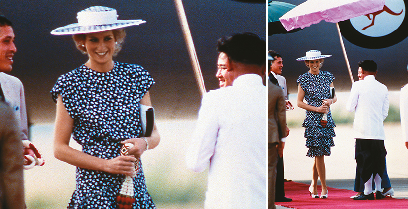 Llegó a la visita oficial a Tailandia, en 1988, con un vestido de seda de Alistair Blair, sombrero de Philip Somerville y zapatos de Chanel.