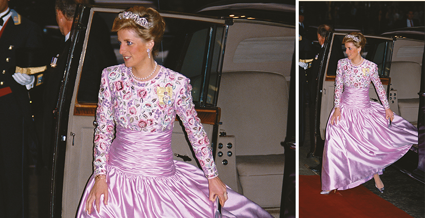 Walker le diseñó este vestido de satín con corpiño y bolero bordado para la visita a Kuwait en 1989. Fue subastado por 51.000 dólares en 1997.