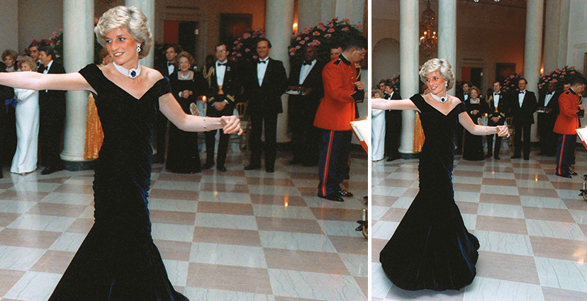 El vestido de terciopelo azul medianoche con que bailó con John Travolta en la Casa Blanca en 1985 fue obra de Victor Edelstein. Fue vendido por más de 250.000 dólares en una subasta en 2013.
