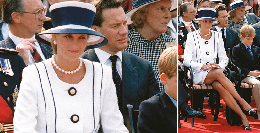 Hizo gala de su refinado estilo para sentarse en la celebración del Día de la Victoria, en 1995, en Londres, en la que aparece con su hijo Harry.