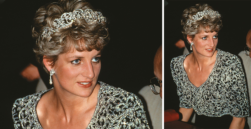 La corona Spencer, de diamantes, oro y plata, se compone de gemas que han estado en su familia por años. A partir de ella, Walker le diseñó este corpiño con strass para el viaje a India en 1992.
