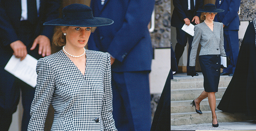 En un servicio funerario en Londres en 1989 con un abrigovestido de lana de Catherine Walker y sombrero de Somerville. También la vistieron Versace, Lacroix, Galliano, Moschino, Bellville Sassoon y Bruce Oldfield, entre otros.
