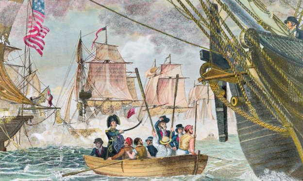 Slide 2 of 9: Oliver H. Perry is rowed to the Niagara after the destruction of his flagship, The Lawrence, where he continued his fight in the Battle of Lake Erie during the War of 1812.