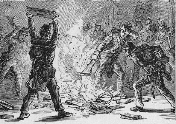 Slide 3 of 11: Illustration of British soldiers burning books in piles within the U.S. Library of Congress, Washington, D.C., circa 1814. (Kean Collection/Getty Images)