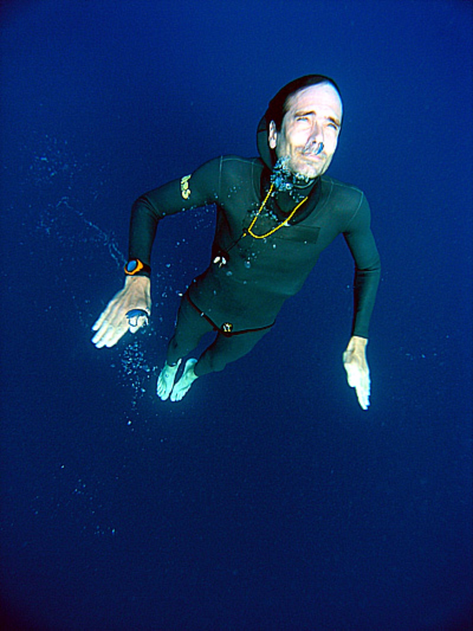 Slide 8 of 28: Dave MullinsThis swimmer from New Zealand can dive 108 meters deep without any equipment. He can also swim 244 meters in four minutes and two seconds.