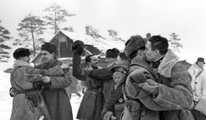 Leningrad Region, Soviet Union. Soldiers and officers of the Volkhov and Leningrad Fronts meet and hug after managing to open a narrow land corridor in the Siege of Leningrad in the Second World War. Semyon Nordshtein/TASS (Photo by TASS via Getty Images)
